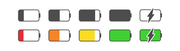 Battery icon set on white background. UI sign. Accumulator level indicator. Charging phases illustration. Outline, flat, and colored style. vector