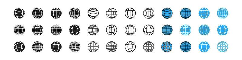 Globe Earth icon set. Flat design. World map concept. Internet, web, web page, connection signs. Language changer symbol. vector