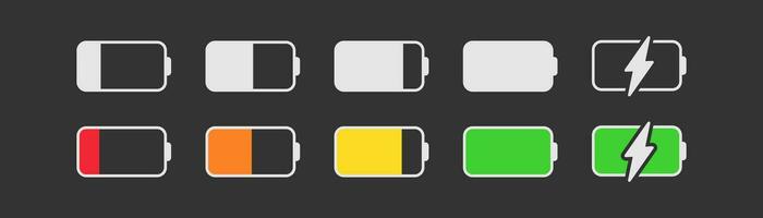 Battery icon set on dark background. UI sign. Accumulator level indicator. Charging phases illustration. Outline, flat, and colored style. vector