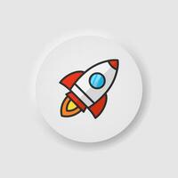 Rocket launch in clouds icon in neumorphism style. Icons for business, white UI, UX. Project startup symbol. Launching spaceship with flame. Neumorphic style. Vector illustration