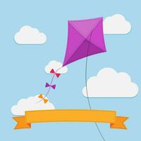 Flying kite in the sky between clouds with space for text . Purple paper kite with white clouds in blue sky. Wind concept. Childhood symbol. Modern style. vector