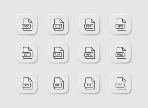 Files icon set on light background. Document symbol. Jpg, eps, pdf, avi file formats. Outline, flat and colored style. Flat design. Vector illustration.