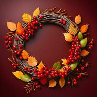 Autumn wreath made of intertwined twigs beautiful leaves red berries on burgundy background. AI-generated photo