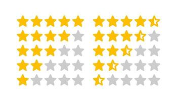 Yellow five star rating icon set on light background. Customer product feedback. App, website rank. Outline, flat and colored style. Flat design. Vector illustration.