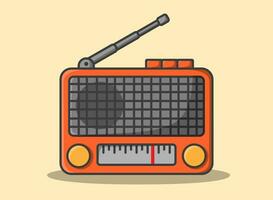 Vintage orange radio with antenna. Old radioreciever symbol. FM, retro music, advertising, broadcast, podcast signs. Outline, flat, and colored style. Flat design. Vector illustration.