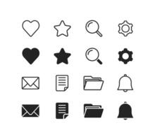 UI icon set. Mailing symbol. Heart, cogwheel, search, star, mail, reminder, folder and fax signs. Concept for app design. vector