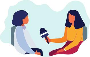 Journalist interviewing someone flat style vector illustration, Female journalist or interviewer holding a microphone interviewing a person flat style stock vector image