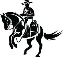 Cowboy on a horse, black and white vector illustration, Man riding a horse black and white stock vector image