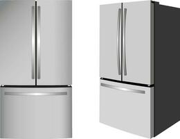 French door refrigerator or Refrigerator with four doors and internal water dispenser vector image illustration in different angles