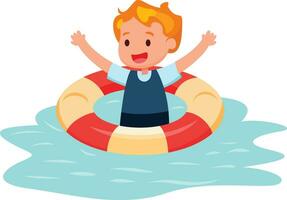 Kid floating on water vector illustration , kid in a lifebuoy flat style stock vector image