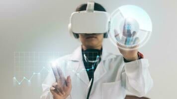 Medical doctor wearing virtual reality goggles. VR headset. Future technology concept. photo