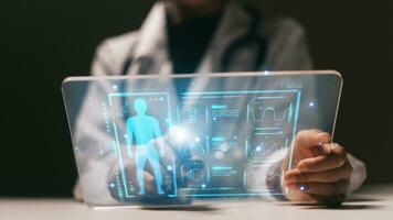 Doctor using tablet with medical hologram on dark background 3D rendering photo