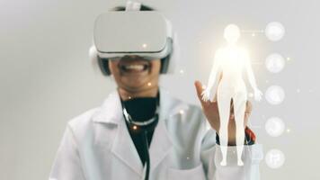 Doctor wearing virtual reality goggles with hologram screen. 3D rendering photo