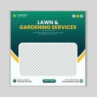 Lawn mower gardening service social media post design template.  Agriculture farming business service post. Gardening and lawn mower service advertisement social media post. Free Vector