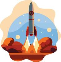 Rocket landing leaving Mars, Rocket spaceship on Mars, rocket launching station in Mars, Space ship leaving or landing on Mars flat style stock vector illustration