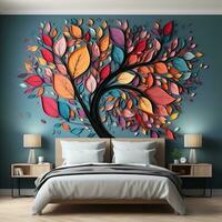 Colorful tree with multicolor leaves illustration background. 3d abstraction wallpaper for interior mural wall art decor generative ai photo