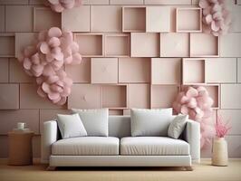 Beautiful Modern Mural Painting Wall art Decor in Living Room with square and flower generative ai photo