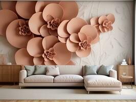 Beautiful Modern Mural Painting Wall art Decor in Living Room with square and flower generative ai photo