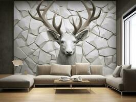 3d modern interior living room with stereo deer animal and abstract geometric crack stone generative ai photo