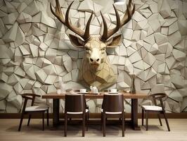 3d modern interior living room with stereo deer animal and abstract geometric crack stone generative ai photo