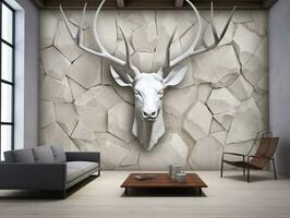 3d modern interior living room with stereo deer animal and abstract geometric crack stone generative ai photo