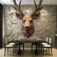 3d modern interior living room with stereo deer animal and abstract geometric crack stone generative ai photo