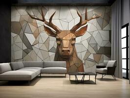 3d modern interior living room with stereo deer animal and abstract geometric crack stone generative ai photo