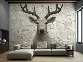 3d modern interior living room with stereo deer animal and abstract geometric crack stone generative ai photo