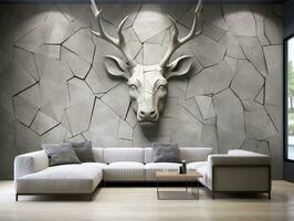 3d modern interior living room with stereo deer animal and abstract geometric crack stone generative ai photo