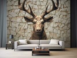 3d modern interior living room with stereo deer animal and abstract geometric crack stone generative ai photo