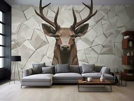 3d modern interior living room with stereo deer animal and abstract geometric crack stone generative ai photo