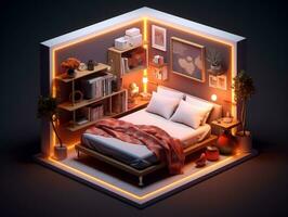 Low-poly isometric aesthetic bedroom, small 3D room with RGB lighting generative ai photo