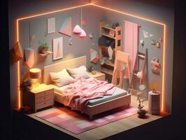 Low-poly isometric aesthetic bedroom, small 3D room with RGB lighting generative ai photo