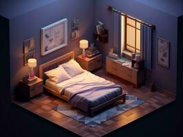 Low-poly isometric aesthetic bedroom, small 3D room with RGB lighting generative ai photo