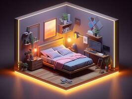 Low-poly isometric aesthetic bedroom, small 3D room with RGB lighting generative ai photo