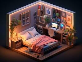 Low-poly isometric aesthetic bedroom, small 3D room with RGB lighting generative ai photo
