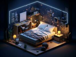 Low-poly isometric aesthetic bedroom, small 3D room with RGB lighting generative ai photo