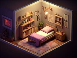 Low-poly isometric aesthetic bedroom, small 3D room with RGB lighting generative ai photo