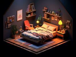 Low-poly isometric aesthetic bedroom, small 3D room with RGB lighting generative ai photo