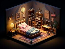 Low-poly isometric aesthetic bedroom, small 3D room with RGB lighting generative ai photo