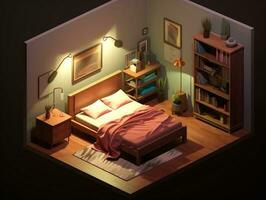 Low-poly isometric aesthetic bedroom, small 3D room with RGB lighting generative ai photo