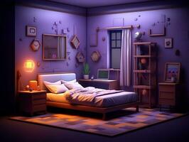 Low-poly isometric aesthetic bedroom, small 3D room with RGB lighting generative ai photo