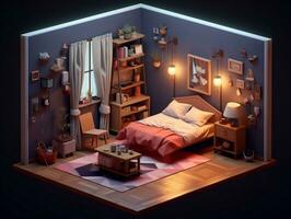 Low-poly isometric aesthetic bedroom, small 3D room with RGB lighting generative ai photo