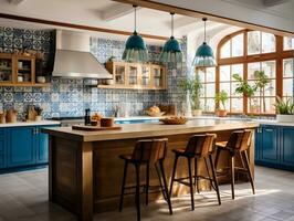 Modern artisanal kitchen with blue tiles and traditional Catalan architecture generative ai photo