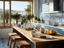 Modern artisanal kitchen with blue tiles and traditional Catalan architecture generative ai photo