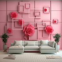 Living Room with Abstract Geometric Squares and Pink Flower Mural wall art generative ai photo