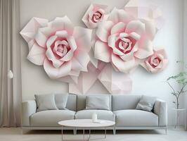 Living Room with Abstract Geometric Squares and Pink Flower Mural wall art generative ai photo