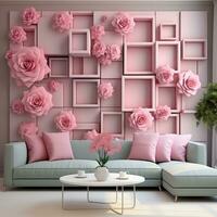 Living Room with Abstract Geometric Squares and Pink Flower Mural wall art generative ai photo