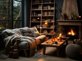 A cozy modern living room is adorned with wooden accents, including a rustic coffee table and a bookshelf filled with books and decorative items generative ai photo