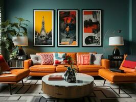 A retro-inspired modern home interior with a mix of vintage contemporary elements and bright orange accent wall and mid-century modern furniture generative ai photo